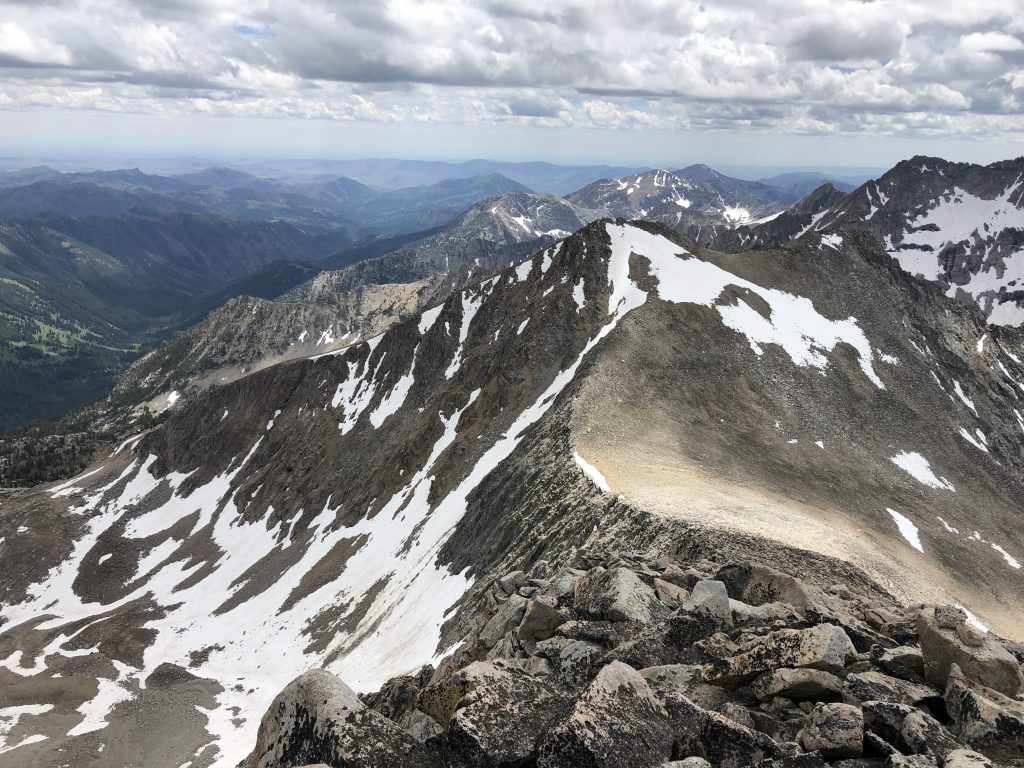 Looking down the south ridge of The Fin toward Recess Peak. The rock in the foreground is exemplary of the entire ridge. Derek Percoski Photo