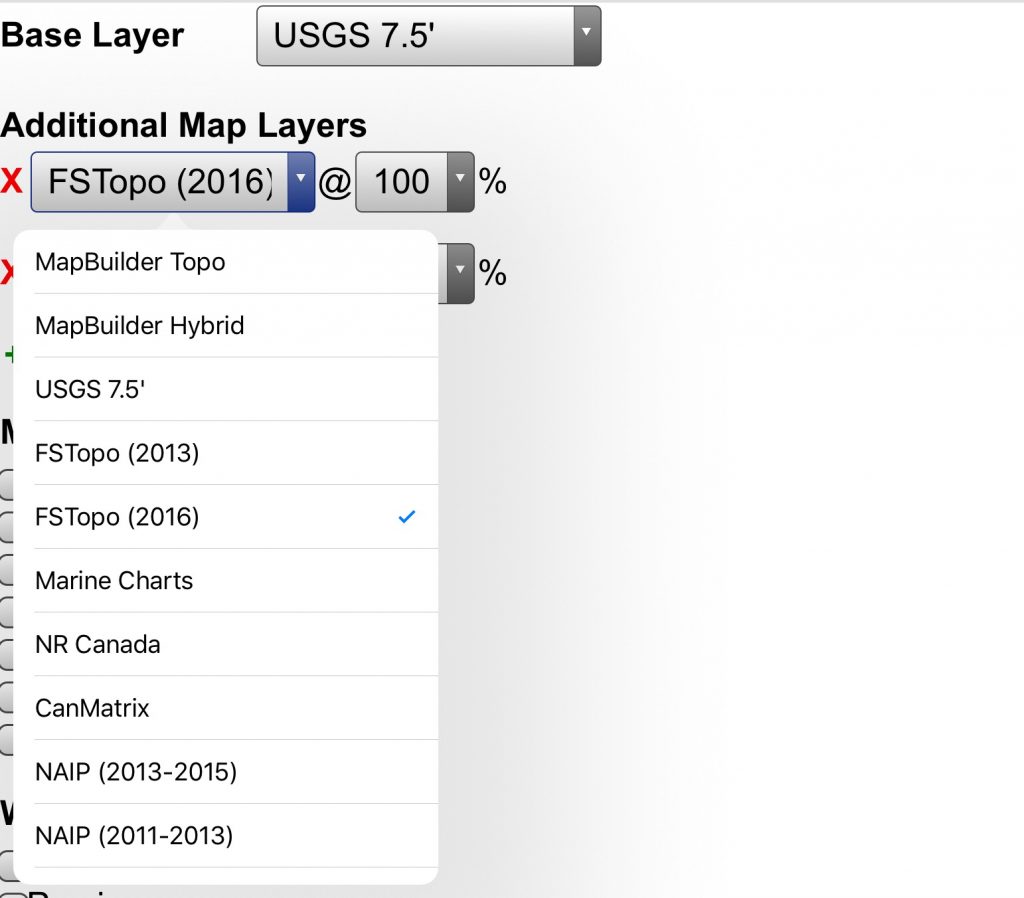 The base layer is a USGS quad but by using the drop down box you can select other maps including Forest Service Topos and satellite photos.
