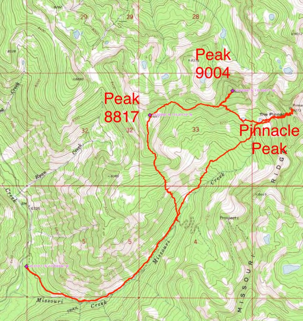 John Platt’s GPS track for exploring the Missouri Creek drainage and its peaks.