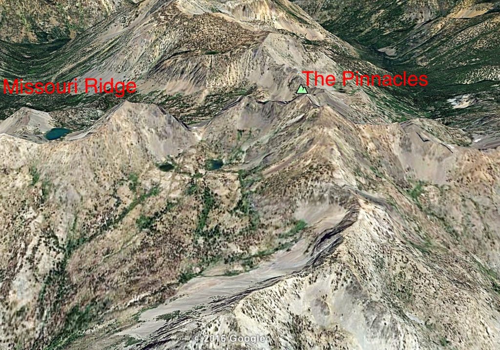 Missouri Ridge Is on the left and The Pinnacles on the right in this Google Earth image. The old trail ascends to the intervening saddle from Missouri creek which is the drainage behind Missouri Ridge.