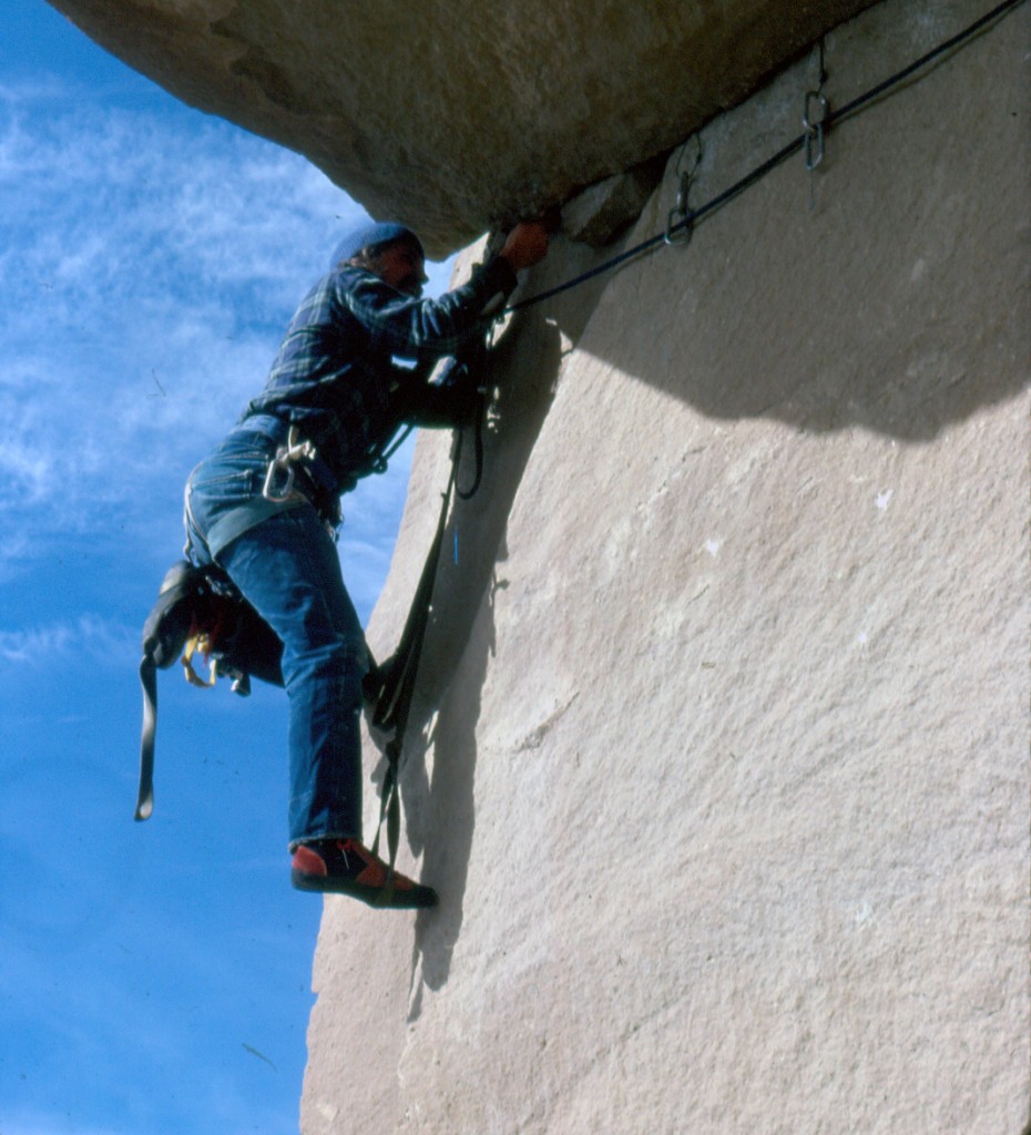 Mike Weber doing a “clean” aid ascent of the “Roof” using only hexes and stoppers.